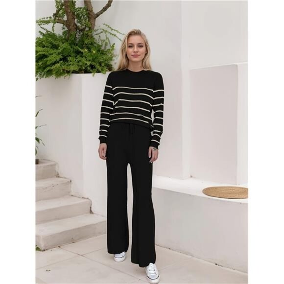 NEW - Black Women'S Knit Sweater Set - Pullover Striped Top With Long Pants - Picture 4 of 8